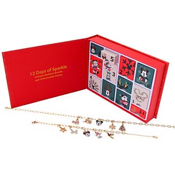 Disney's Mickey & Minnie Mouse 14k Gold Flash Plated Necklace & Bracelet Charm Set Advent Calendar