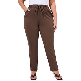 Womens Plus Size Stretchy Casual Work Pants with Pockets Tie Waist