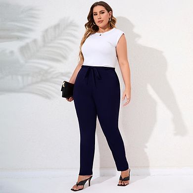 Womens Plus Size Stretchy Casual Work Pants with Pockets Tie Waist