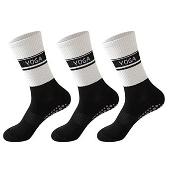 3 Pairs Women's Non-Slip Yoga Crew Socks Soft Cotton Grip Sole Ribbed Cuff for Fitness