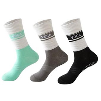 3 Pairs Women's Non-Slip Yoga Crew Socks Soft Cotton Grip Sole Ribbed Cuff for Fitness
