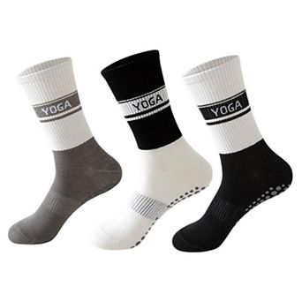 3 Pairs Women's Non-Slip Yoga Crew Socks Soft Cotton Grip Sole Ribbed Cuff for Fitness