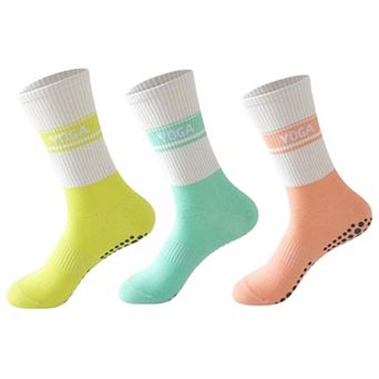 3 Pairs Women's Non-Slip Yoga Crew Socks Soft Cotton Grip Sole Ribbed Cuff for Fitness