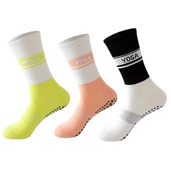 3 Pairs Women's Non-Slip Yoga Crew Socks Soft Cotton Grip Sole Ribbed Cuff for Fitness