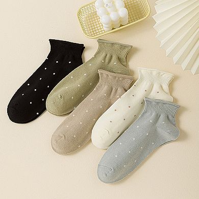 5 Pairs Women's Ankle Socks Soft Ribbed Top with Small Polka Dot Pattern