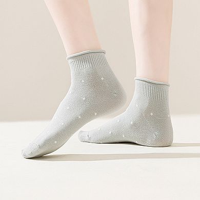 5 Pairs Women's Ankle Socks Soft Ribbed Top with Small Polka Dot Pattern