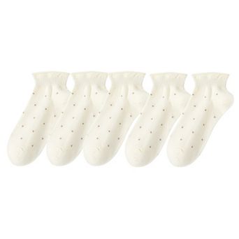 5 Pairs Women's Ankle Socks Soft Ribbed Top with Small Polka Dot Pattern