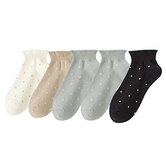 5 Pairs Women's Ankle Socks Soft Ribbed Top with Small Polka Dot Pattern
