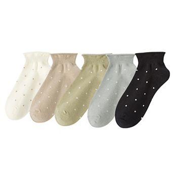 5 Pairs Women's Ankle Socks Soft Ribbed Top with Small Polka Dot Pattern