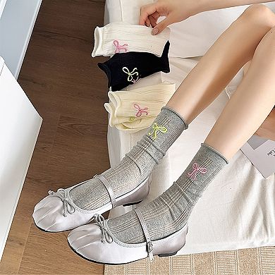 Adorable Women's Bow-Embroidered Ribbed Ankle Socks 5Pk