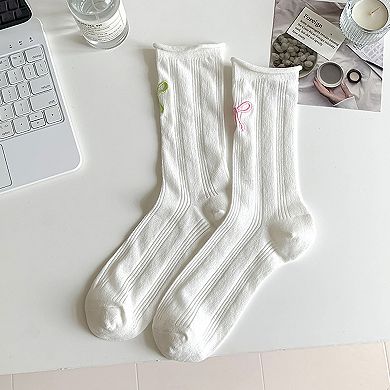 Adorable Women's Bow-Embroidered Ribbed Ankle Socks 5Pk