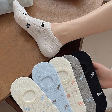 5 Pairs Women's Bow Pattern Low Cut No Show Socks Breathable Mesh Knit Anti-Slip Design