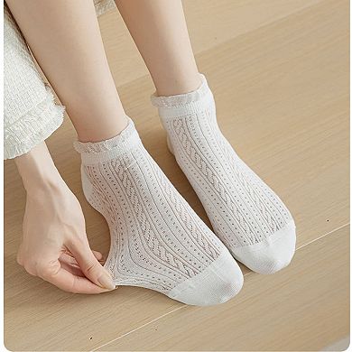 5 Pairs Women's Ruffle Cuff Lace Knit Ankle Socks Breathable Soft Stretch Fabric