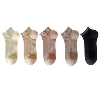5 Pairs Women's Ruffle Cuff Lace Knit Ankle Socks Breathable Soft Stretch Fabric