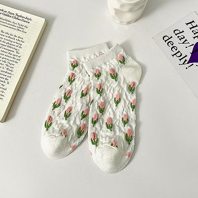 Adorable Summer Floral Embroidered Ankle Socks 4Pk