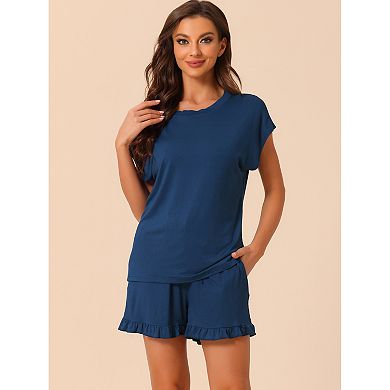 2 Sets Women's Pajamas Ruffle Summer Outfits Short Sleeves Tops with Shorts Soft Lounge Sets
