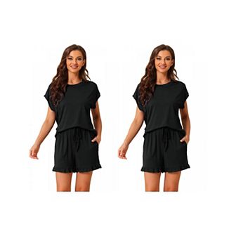 2 Sets Women's Pajamas Ruffle Summer Outfits Short Sleeves Tops with Shorts Soft Lounge Sets