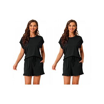 2 Sets Women's Pajamas Ruffle Summer Outfits Short Sleeves Tops with Shorts Soft Lounge Sets