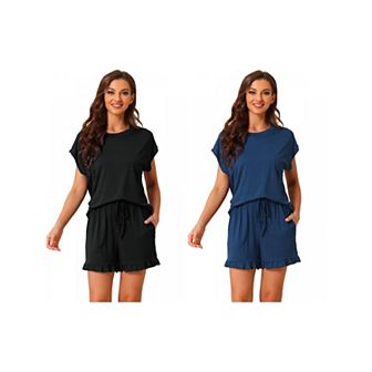 2 Sets Women's Pajamas Ruffle Summer Outfits Short Sleeves Tops with Shorts Soft Lounge Sets