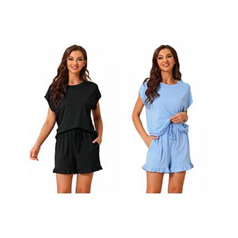 2 Sets Women's Pajamas Ruffle Summer Outfits Short Sleeves Tops with Shorts Soft Lounge Sets