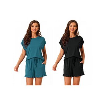 2 Sets Women's Pajamas Ruffle Summer Outfits Short Sleeves Tops with Shorts Soft Lounge Sets