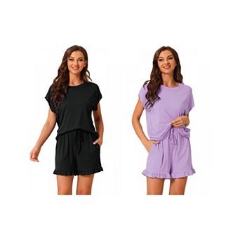 2 Sets Women's Pajamas Ruffle Summer Outfits Short Sleeves Tops with Shorts Soft Lounge Sets