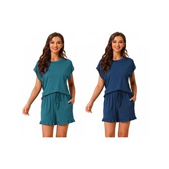 2 Sets Women's Pajamas Ruffle Summer Outfits Short Sleeves Tops with Shorts Soft Lounge Sets