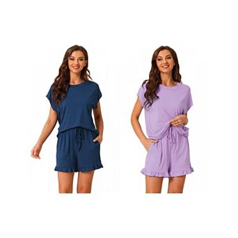 2 Sets Women's Pajamas Ruffle Summer Outfits Short Sleeves Tops with Shorts Soft Lounge Sets