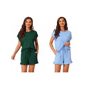 2 Sets Women's Pajamas Ruffle Summer Outfits Short Sleeves Tops with Shorts Soft Lounge Sets
