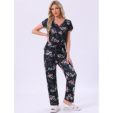 2 Sets Women's Pajamas V Neck Short Sleeve Top with Drawstring Pants Sleepwear Lounge Sets w Pockets