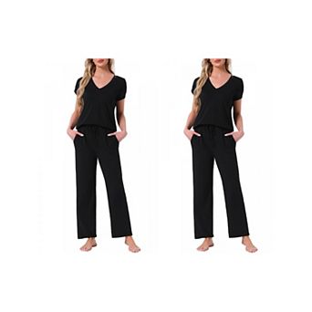 2 Sets Women's Pajamas V Neck Short Sleeve Top with Drawstring Pants Sleepwear Lounge Sets w Pockets