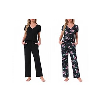 2 Sets Women's Pajamas V Neck Short Sleeve Top with Drawstring Pants Sleepwear Lounge Sets w Pockets