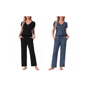 2 Sets Women's Pajamas V Neck Short Sleeve Top with Drawstring Pants Sleepwear Lounge Sets w Pockets