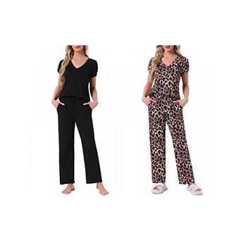 2 Sets Women's Pajamas V Neck Short Sleeve Top with Drawstring Pants Sleepwear Lounge Sets w Pockets
