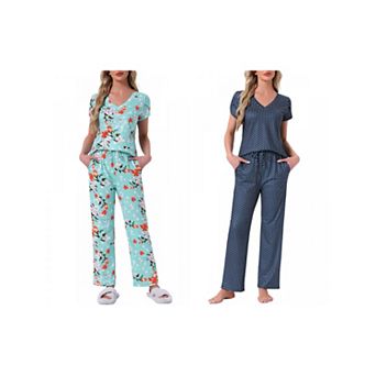 2 Sets Women's Pajamas V Neck Short Sleeve Top with Drawstring Pants Sleepwear Lounge Sets w Pockets