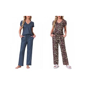 2 Sets Women's Pajamas V Neck Short Sleeve Top with Drawstring Pants Sleepwear Lounge Sets w Pockets