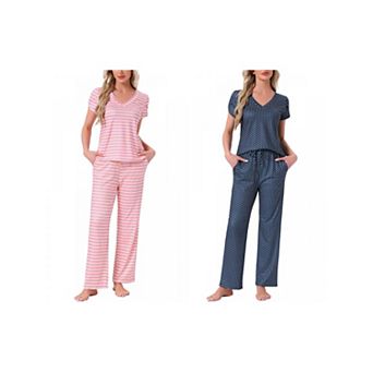 2 Sets Women's Pajamas V Neck Short Sleeve Top with Drawstring Pants Sleepwear Lounge Sets w Pockets