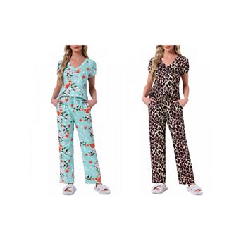 2 Sets Women's Pajamas V Neck Short Sleeve Top with Drawstring Pants Sleepwear Lounge Sets w Pockets