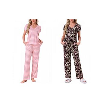 2 Sets Women's Pajamas V Neck Short Sleeve Top with Drawstring Pants Sleepwear Lounge Sets w Pockets