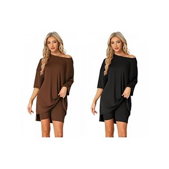 2 Sets Women's 2 pc Lounge Sets Knit Outfits T-Shirt Biker Shorts Sleepwear Loungewear Sweatsuits