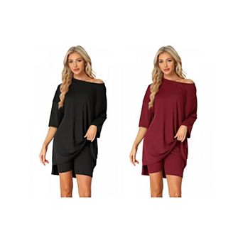 2 Sets Women's 2 pc Lounge Sets Knit Outfits T-Shirt Biker Shorts Sleepwear Loungewear Sweatsuits