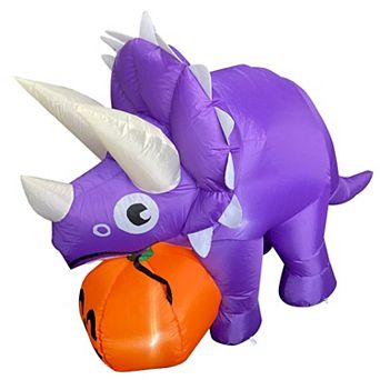 GOOSH 4 FT Width Halloween Inflatables Dinosaur with Pumpkin with Built-in LEDs