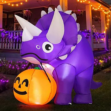 GOOSH 4 FT Width Halloween Inflatables Dinosaur with Pumpkin with Built-in LEDs