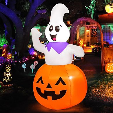 GOOSH 5 FT Halloween Inflatable Outdoor Ghost Sitting on The Pumpkin