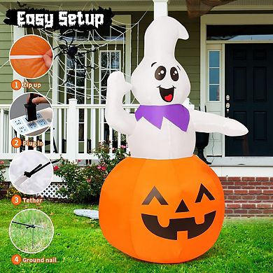 GOOSH 5 FT Halloween Inflatable Outdoor Ghost Sitting on The Pumpkin