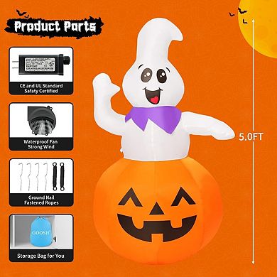GOOSH 5 FT Halloween Inflatable Outdoor Ghost Sitting on The Pumpkin
