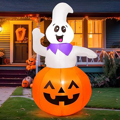 GOOSH 5 FT Halloween Inflatable Outdoor Ghost Sitting on The Pumpkin