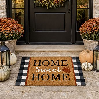 Kate Aurora Autumn Plaid Home Sweet Home Pumpkin Bristled Outdoor All Season Welcome Mat