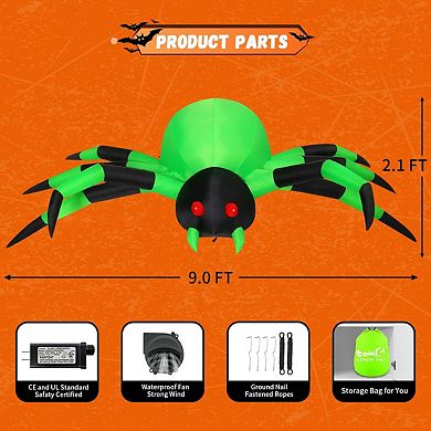 GOOSH 9FT Width Halloween Inflatables Spider Blow Up Yard Decoration with Built-in LED