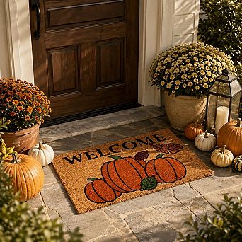 Kate Aurora Fall Autumn Foliage & Pumpkins Bristled Outdoor All Season Welcome Mat